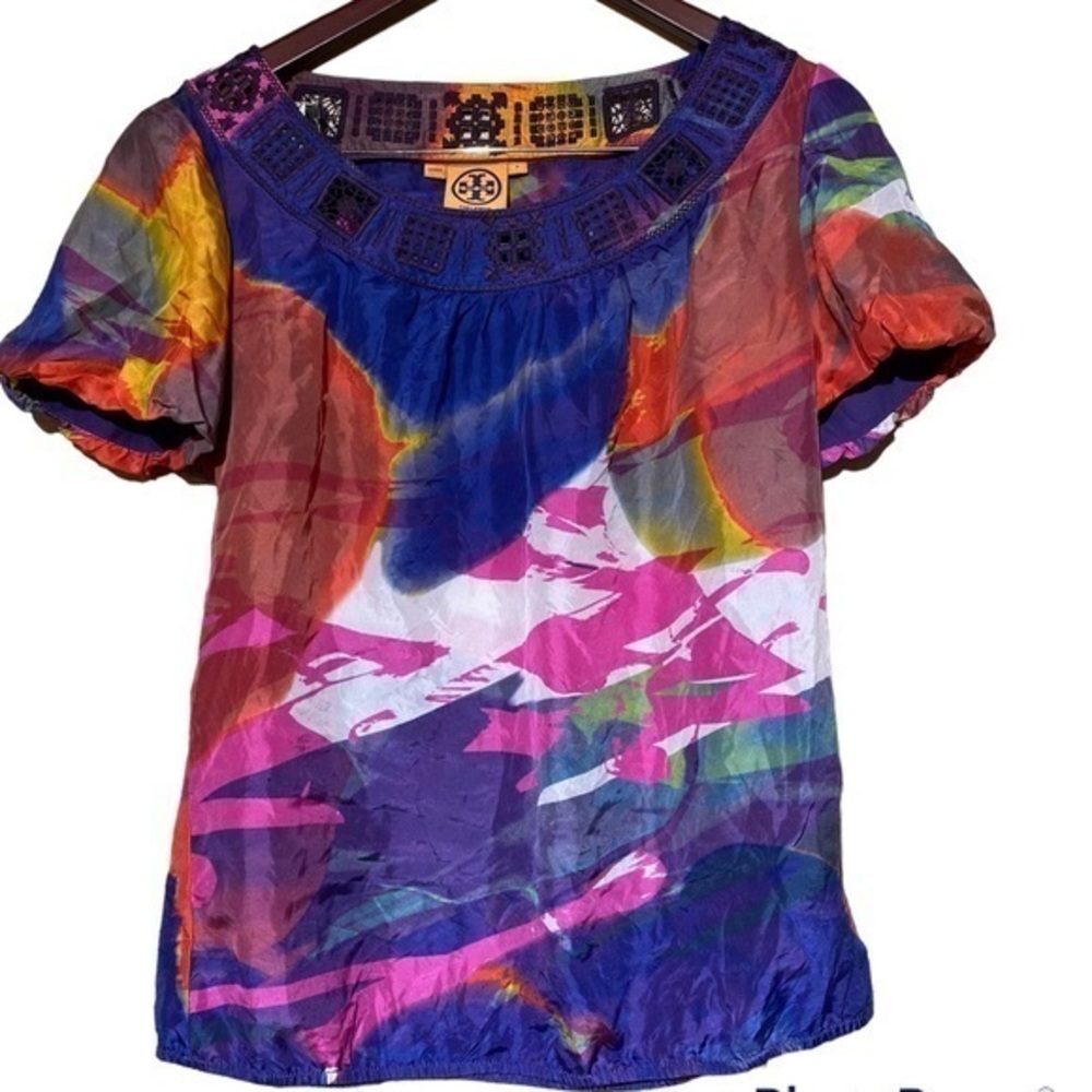 Tory Burch 100% Silk Watercolor Blouse 6 - read description